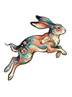 Decorative rabbit with ornate patterned body in turquoise, coral, and gold tones, isolated on transparent background. Ready for t-shirts, stickers, clipart, and print-on-demand designs.