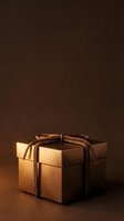 Gold gift box with twisted rope bow on warm brown background, suitable for luxury packaging, holiday promotions, and retail design projects.