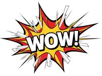 Comic book style wow explosion burst with red yellow colors on white background for graphic design projects and promotional materials.