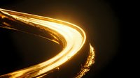 Glowing golden light trail curves dynamically against dark background, creating abstract neon effect suitable for modern design, technology, and creative projects.