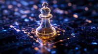 Glowing chess king piece on digital circuit board background with futuristic light effects and network connections, symbolizing strategic leadership and AI technology.