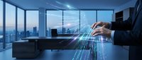 Businessman touching holographic data stream in modern office with city skyline view. Digital transformation and futuristic technology concept for presentations.