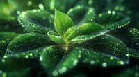 Fresh green leaves covered with morning dew drops glisten in soft light creating magical natural macro photography effect. For nature and wellness designs.