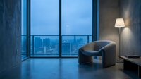 Modern curved black armchair positioned in minimalist high-rise apartment with floor-to-ceiling windows overlooking city skyline at dusk, contemporary interior design with concrete walls and ambient lighting.