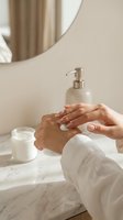 Woman applying hand cream in modern bathroom with marble countertop and mirror. Daily skincare routine and hygiene concept for wellness and self-care.