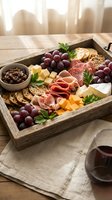 Gourmet charcuterie board with assorted meats, cheeses, grapes, crackers and jam in rustic wooden tray on table for entertaining and appetizer presentation.