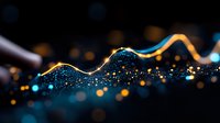 Glowing wave visualization with blue and orange light trails against dark background, sparkling particles create dynamic motion effect for technology designs.