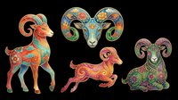 Colorful ornate Aries ram set isolated on transparent background, featuring four folk art zodiac goat designs for stickers, sublimation, t-shirt design, and print on demand.