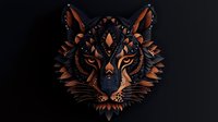 Stylized wolf head with layered paper cut effect in black and copper tones against dark background, featuring geometric patterns and intricate details for creative design projects.