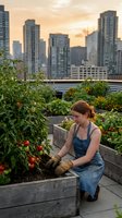 Young woman with reddish-brown hair tending to tomato plants in rooftop garden boxes with urban skyline and water at sunset, sustainable urban farming and fresh produce cultivation.
