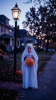 Child in ghost costume trick-or-treating on suburban street at dusk with glowing streetlamp and jack-o-lantern bucket for Halloween celebration.