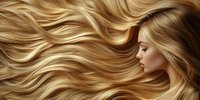 Young Caucasian woman with flowing golden blonde wavy hair against dark background, profile view. Luxury beauty and haircare concept for salon advertising.