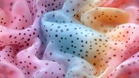 Colorful abstract macro background with spotted pattern in pink, blue and orange tones creating dreamy organic waves and soft flowing shapes.