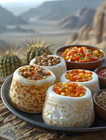 Traditional Mexican bread bowls filled with beans and corn salsa served on rustic tray with desert mountain landscape in background.