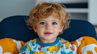 Cheerful toddler with curly blonde hair and blue eyes wearing dinosaur print t-shirt sits in blue chair, showing genuine smile and innocent expression.