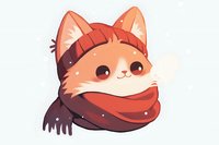 Cute orange fox character wearing winter burgundy scarf and beanie hat on isolated background, cartoon style illustration for stickers and children designs.