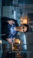 Young Caucasian male professional holds a glowing holographic brain with neural connections in a futuristic office, symbolizing AI and innovation.