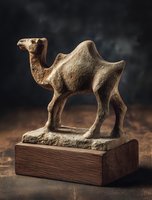 Ancient stone camel figurine on wooden base against dark background, showcasing detailed craftsmanship of desert animal sculpture.