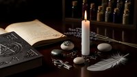 Mystical altar setup with burning candle, crystals, feather, pentagram and spell book for witchcraft rituals and spiritual practices.