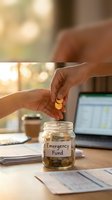 Person dropping coins into emergency fund savings jar on desk with laptop and financial documents for budget planning and financial security.