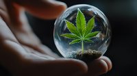 Young cannabis plant growing in glass sphere held in hand against dark background, symbolizing sustainable cultivation and protection of medicinal herbs.