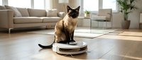 Siamese cat sitting on robotic vacuum cleaner in modern living room with sunlight streaming through windows creating warm atmosphere for pet care automation.