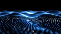 Abstract blue glowing wave of connected dots and particles on dark background, digital technology network visualization for modern design.