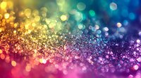 Vibrant rainbow colored bokeh lights creating magical sparkle effect on dark background, glowing multicolored defocused circles with glitter texture for festive designs.