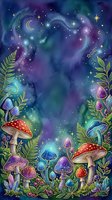 Enchanted forest floor with glowing mushrooms, magical plants, and starry night sky with moons and twinkling stars, creating a whimsical fantasy woodland scene for children's book illustrations and mystical designs.
