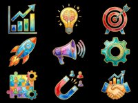 Colorful business and marketing icons set isolated on transparent background, ready for t-shirt design, clipart, stickers, print-on-demand products and sublimation projects.