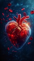 Anatomical heart visualization with red blood cells floating in blue fluid background, useful for medical education and cardiovascular health concepts.
