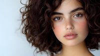 Young Mediterranean woman with curly dark brown hair and amber eyes against light background, natural makeup look and soft lighting creates modern beauty portrait.