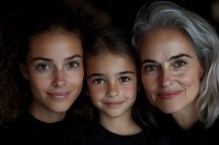 Three generations of women wearing black, showing family connection through similar gentle smiles and warm expressions against dark background.