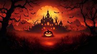 Spooky haunted castle silhouette against orange moon with glowing jack o lantern pumpkin in misty dark landscape surrounded by bare trees and flying bats.