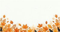 Silhouettes of cats sitting among scattered autumn leaves and foliage in warm orange and golden tones, isolated on white background for seasonal design projects.