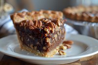 Slice of rich pecan pie with chocolate layer on white plate, featuring gooey filling, crisp nuts and buttery crust. Close-up view shows decadent texture and layers.