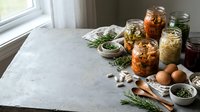 Homemade fermented vegetables in glass jars on kitchen counter with fresh herbs and eggs for healthy probiotic meal preparation and food preservation.