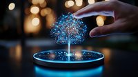 Glowing holographic tree emerging from digital device with hand interaction against blurred bokeh background, representing future technology and innovation.