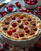 Fresh baked cherry custard pie in white ceramic dish, golden brown surface decorated with whole cherries, rustic wooden table setting, natural lighting.