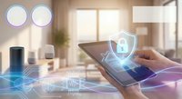 Smart home security system with digital shield protection interface on tablet device for modern connected living automation and IoT control technology.