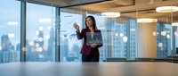Professional businesswoman presenting financial data on laptop in modern office conference room with city skyline view during corporate meeting.