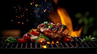 Juicy grilled chicken breast with charred vegetables on barbecue grill, flames and smoke in background, garnished with fresh herbs and spices.