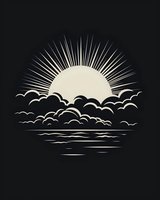 Minimalist sunset illustration with radiating sun rays behind stylized clouds over calm water reflection on black background. Isolated design for wall art and apparel.