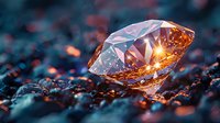 Brilliant diamond crystal with orange light reflections on dark textured surface, dramatic macro photography with bokeh effect and glowing highlights.