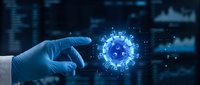 Medical professional in blue gloves pointing at digital coronavirus model with data visualization for healthcare technology and pandemic research.