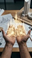 Male architect or urban planner holding glowing holographic cityscape with illuminated skyscrapers above architectural blueprints on wooden desk for real estate development projects.
