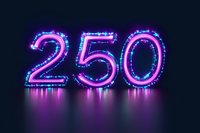Glowing neon number 250 with bright pink and purple LED lights against dark background for anniversary celebrations and milestone events.