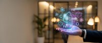Scientist hand holding glowing molecular structure with chemical formulas and atoms floating above palm in modern laboratory environment for research and innovation concepts.