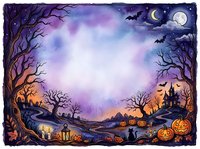 Halloween landscape with spooky trees, jack-o-lanterns, bats and moon creating atmospheric border frame for seasonal designs and decorations.