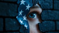 Close up view of blue eye with white stars painted on face against dark background, creating mysterious artistic portrait with patriotic elements.